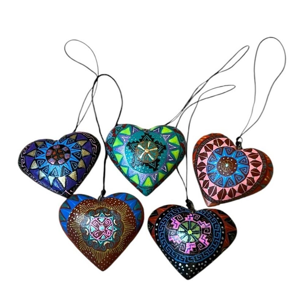 Set of 5 Handmade Alebrije Hearts Wood Mini Hanging Ornaments 1.5”